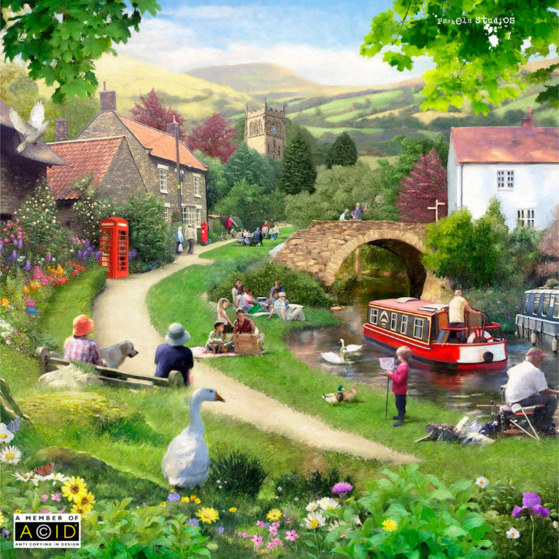 Painting for Jigsaw puzzle featuring a canal tow path set in the country on a beautiful late sunny afternoon.