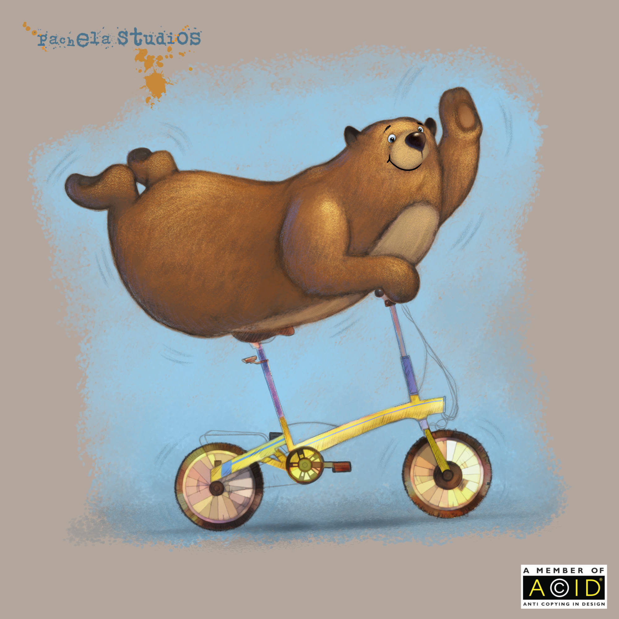 Whimsical bear design doing the superman on his bicicle