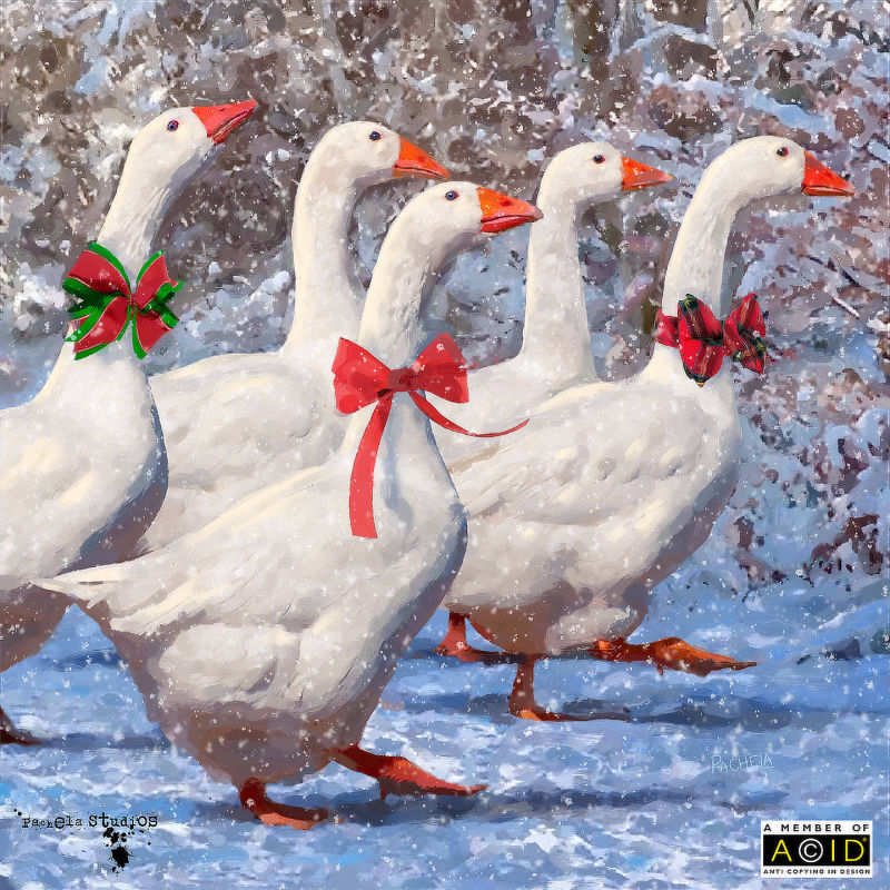 Illustration of geese in the snow wearing ribbons.