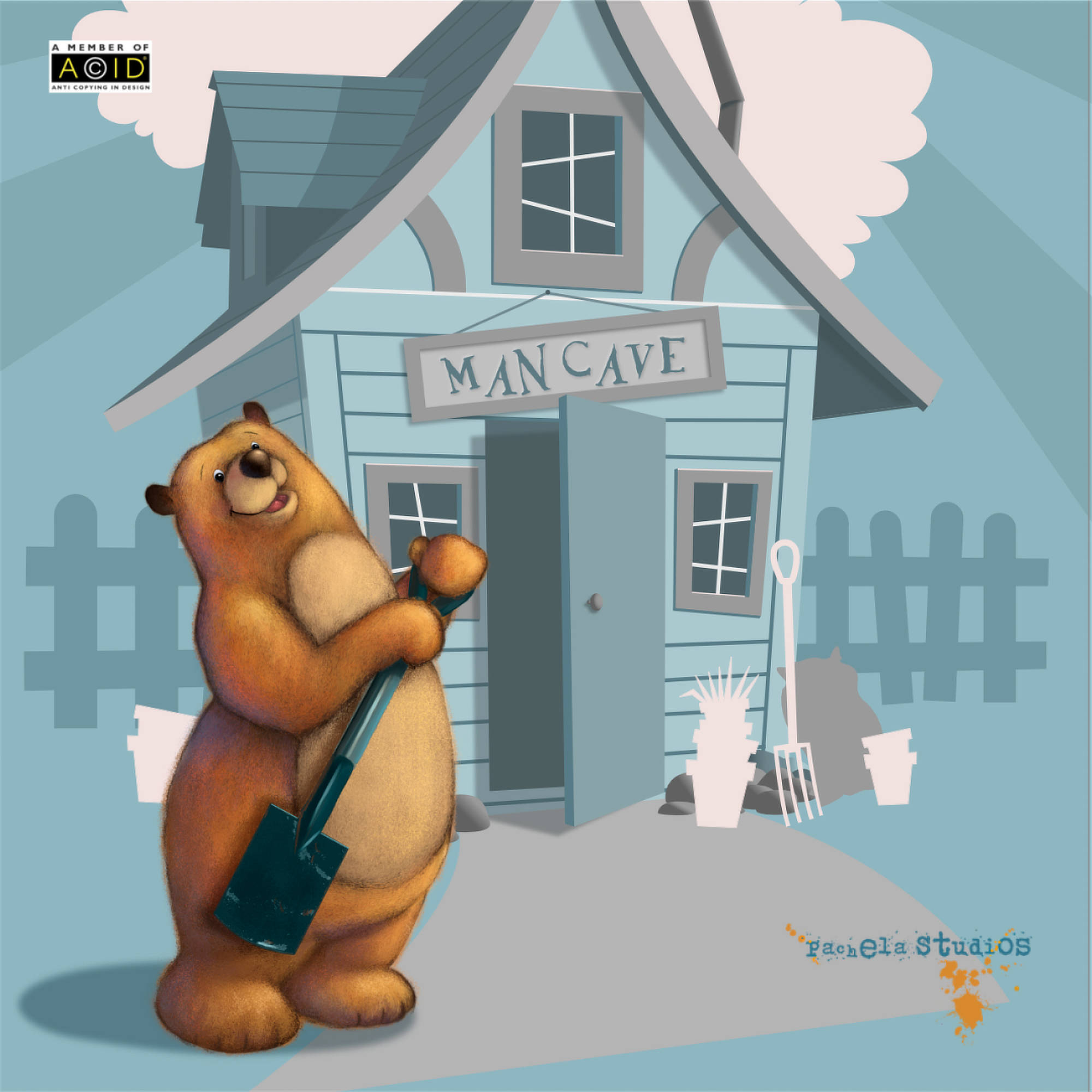 An illustrated whimsical bear character proudly posing in front of his man cave.