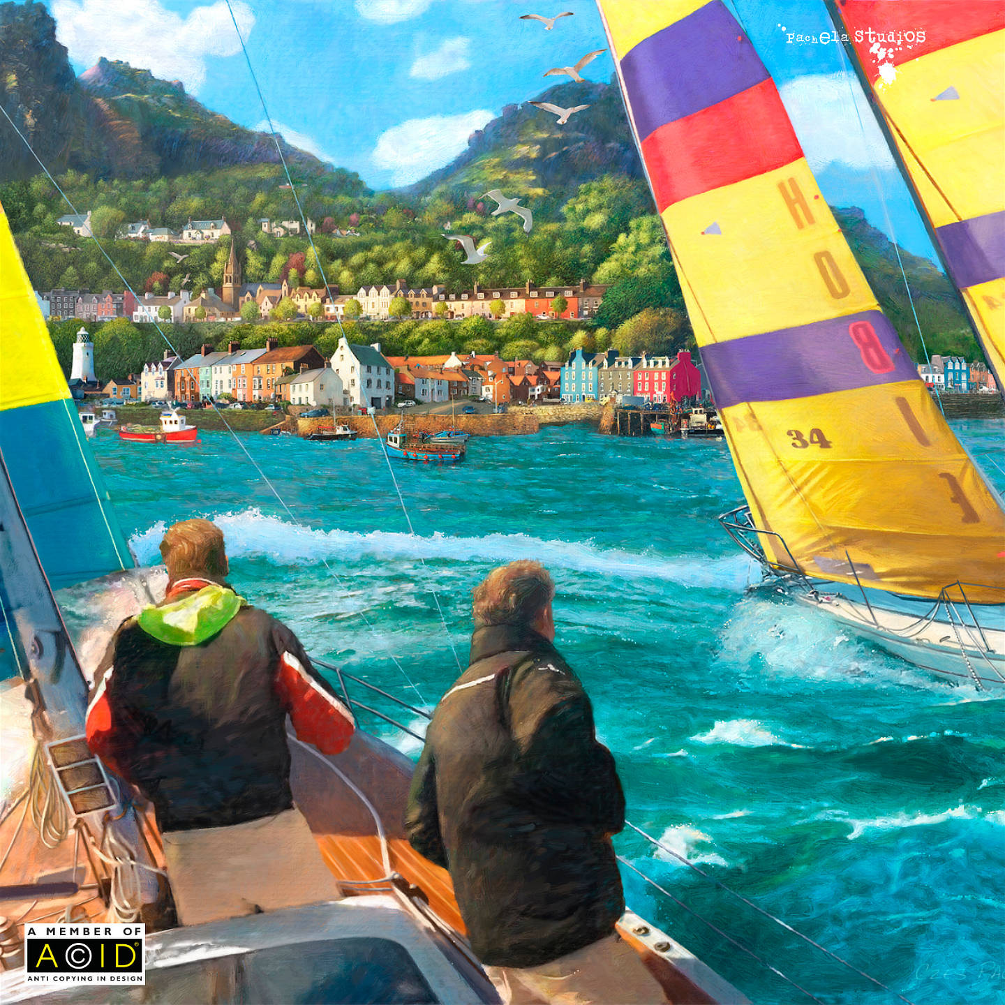 Yachting scene featuring yachts racing to the finish at the distant colourful harbour with high forested hills in the background.