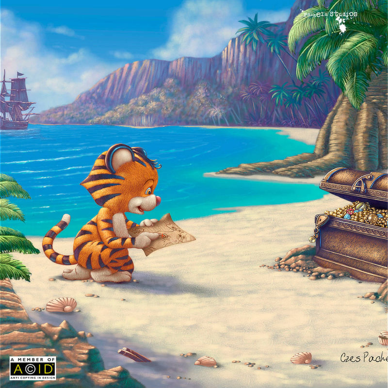Tresure island beach scene featuring tiger character reading his treasure map.