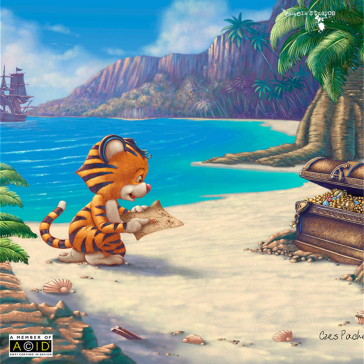 Tresure island beach scene featuring tiger character reading his treasure map.