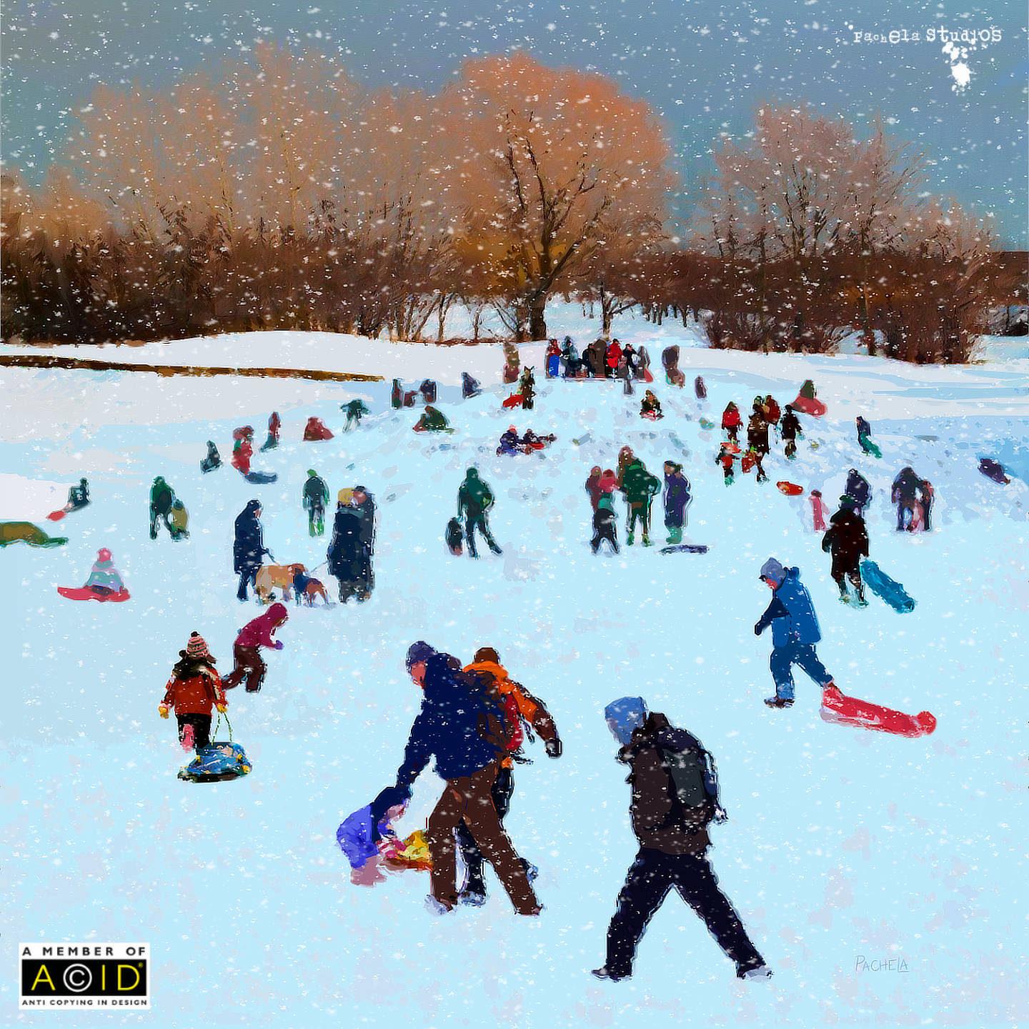A winters scene filled with people sledging and having fun in the snow.