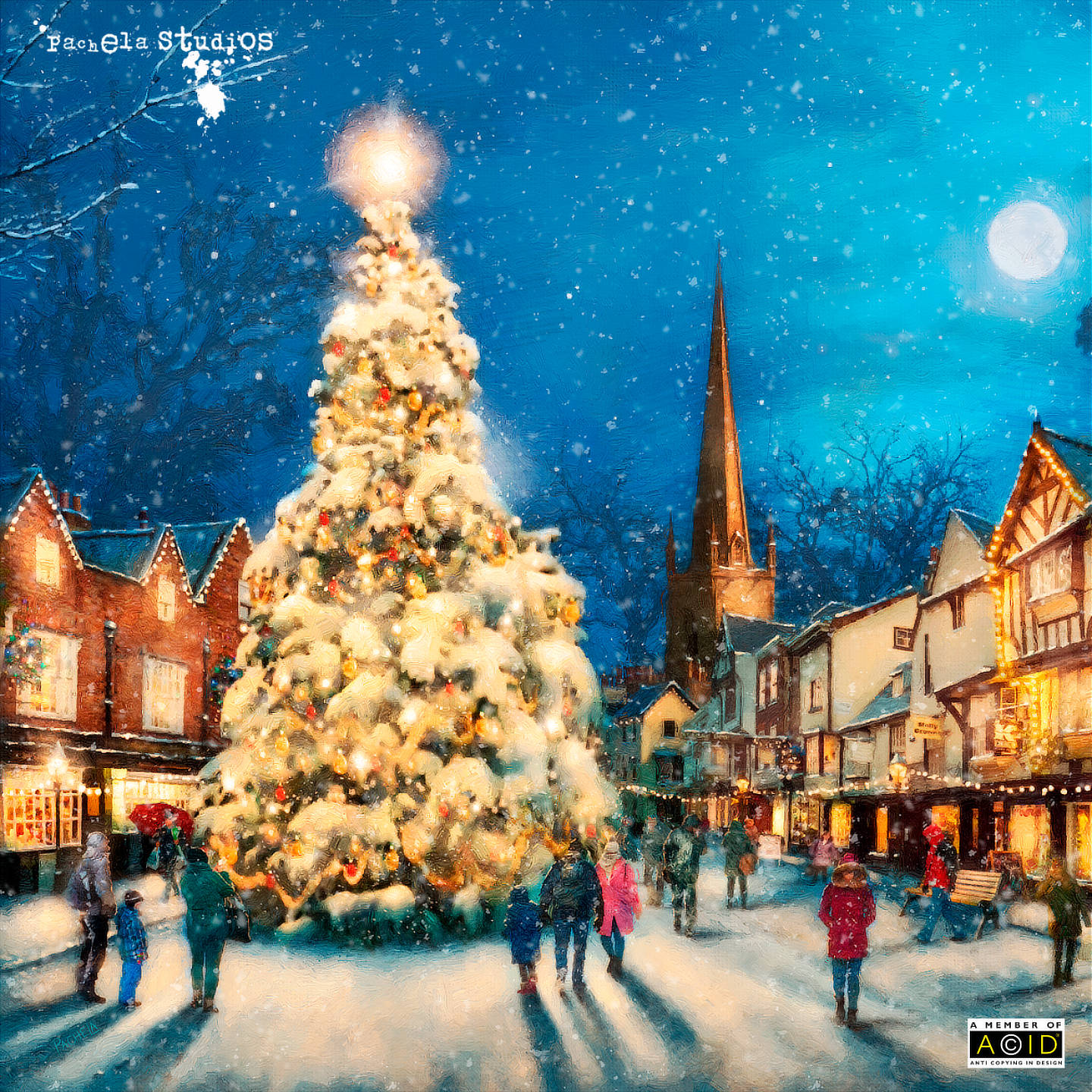 Beautiful large lit christmas tree in a busy market main street with people gathering around.